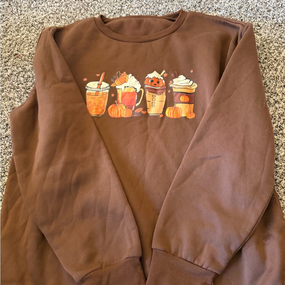 SHEIN Brown Crewneck Sweatshirt with Pumpkin Drink Graphic - Picture 2 of 3